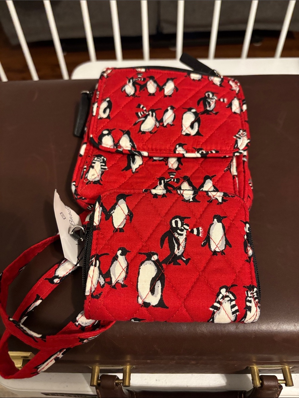 Vera Bradley Red Quilted Crossbody Phone Bag with Penguin Print